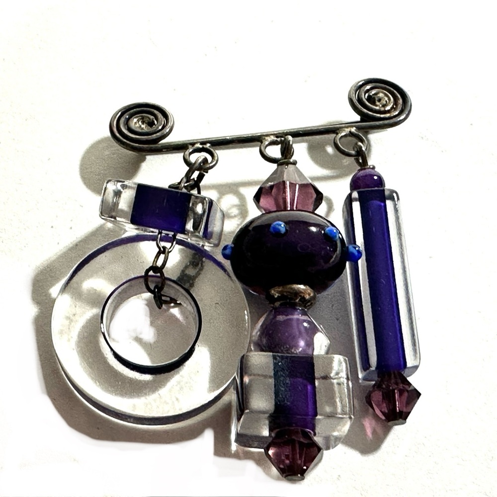 Dangly Modern Art Beaded Brooch Pin Purple Clear Lucite Acrylic Silver Tone